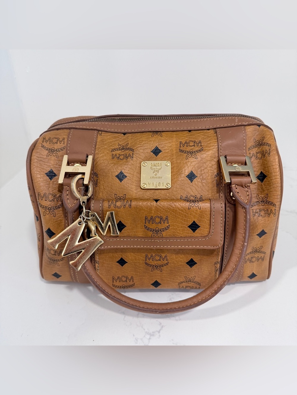 MCM Vintage Cognac Visetos Boston Bag Top Handle Satchel Monogram W/ MCM Charm